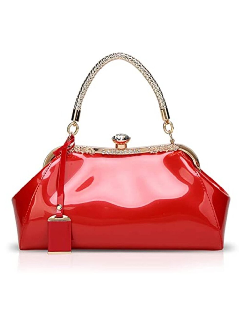 Glossy Faux Patent Leather Satchel Top Handle Evening Handbag